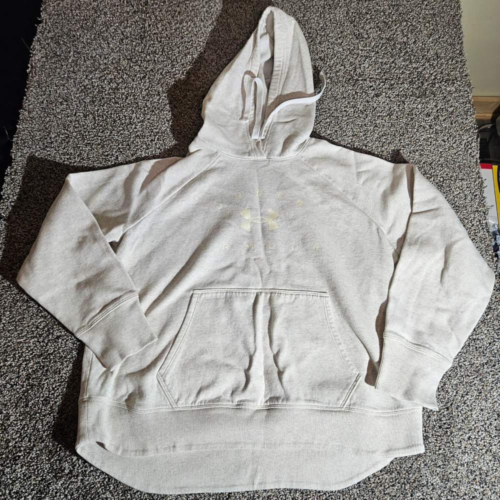 Under Armour Womens Rival Fleece Hoodie‎ Oatmeal Heather Loose Fit 1369425 Large